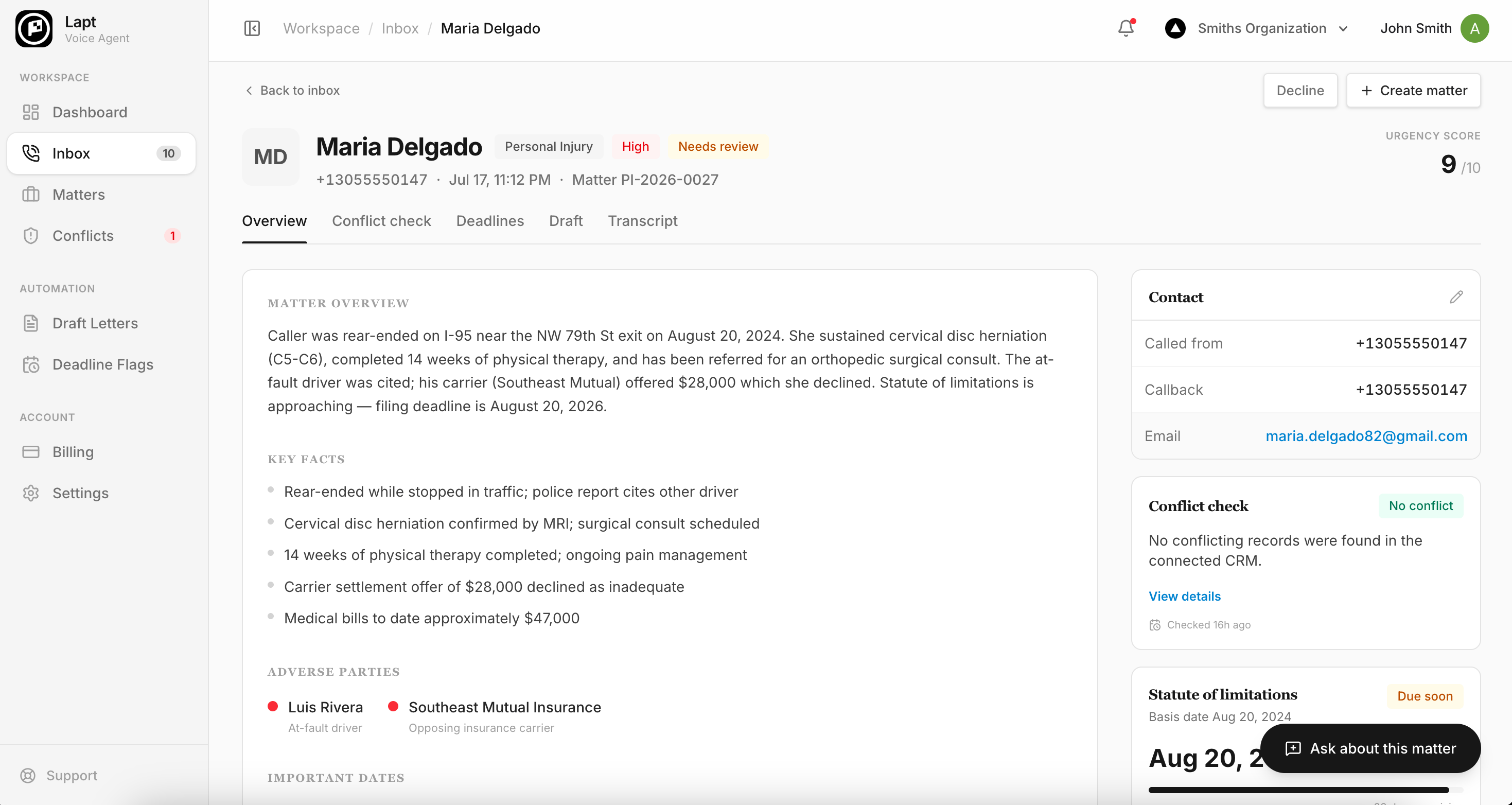 Lapt matter workspace showing overview, key facts, adverse parties, contact, conflict check, and statute of limitations for a personal injury matter
